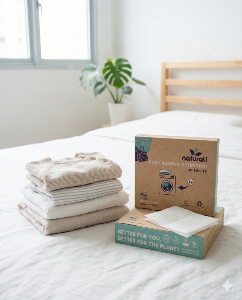 Folded laundry washed with Naturali eco laundry sheets
