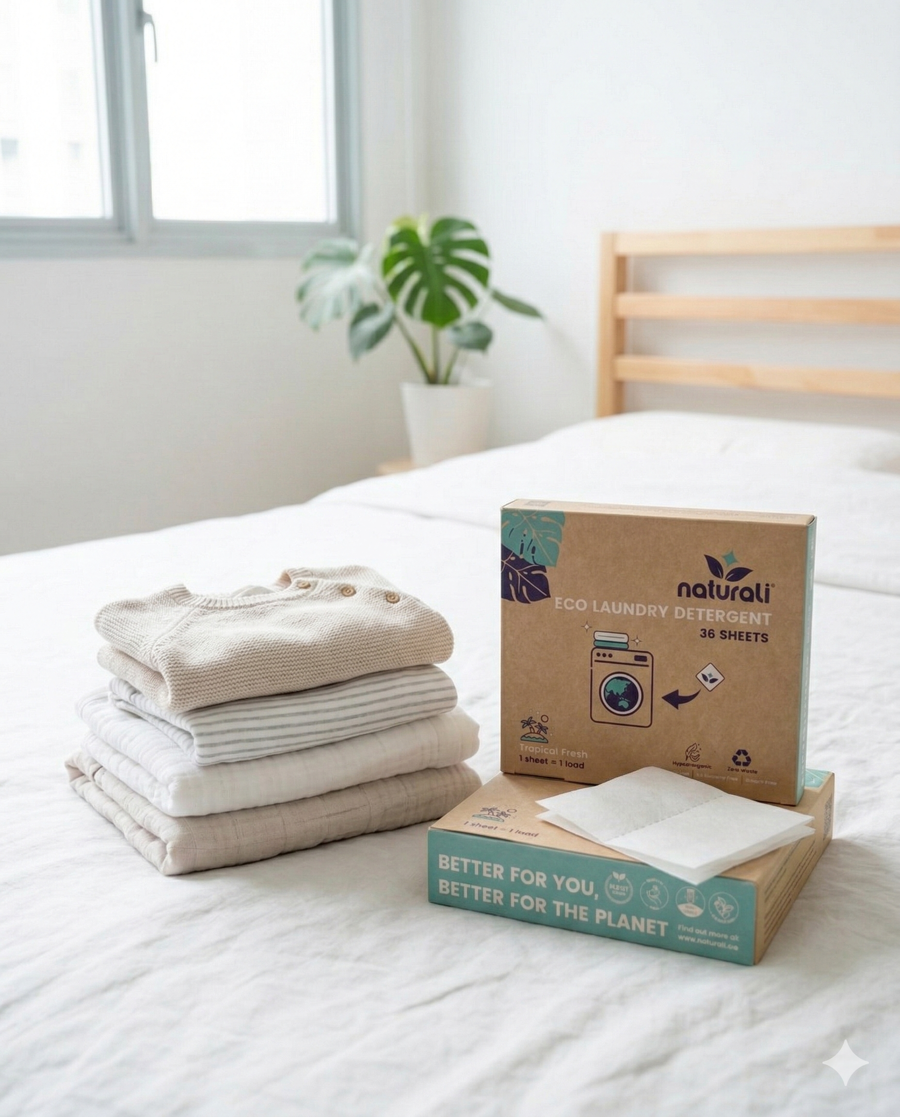 Naturali laundry sheets folded neatly on a bed