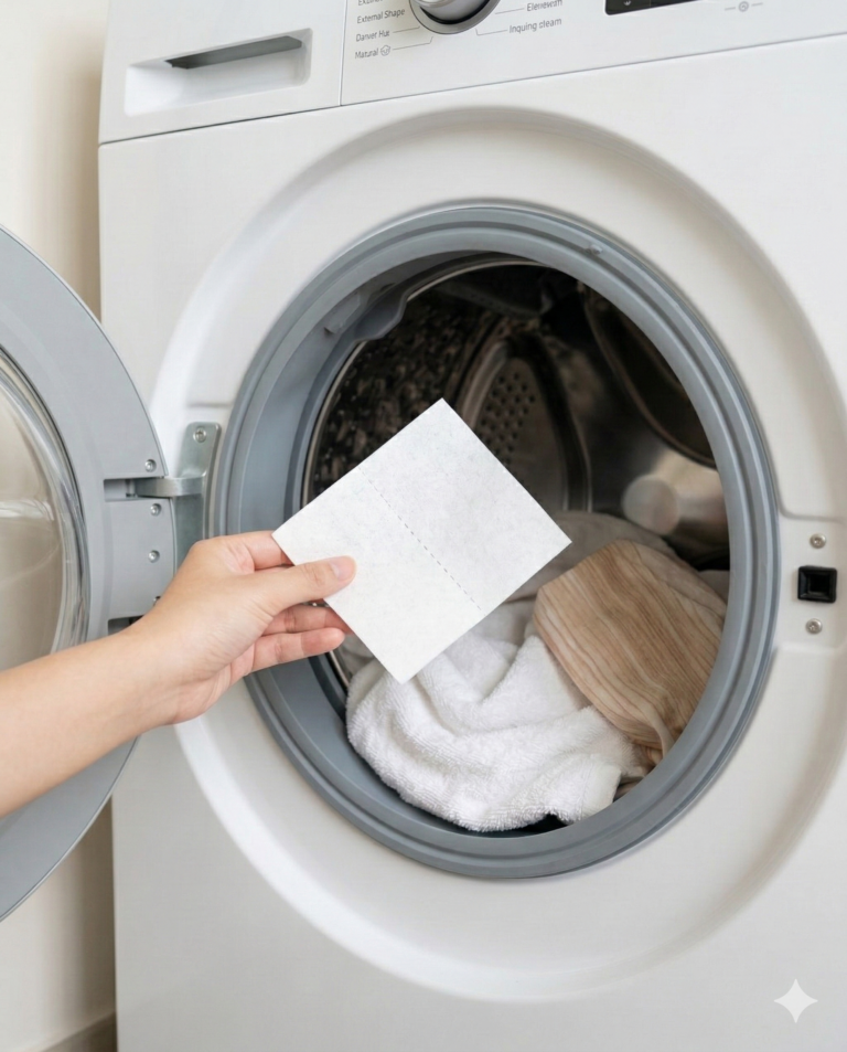 A Naturali laundry sheet being placed into a washing machine drum